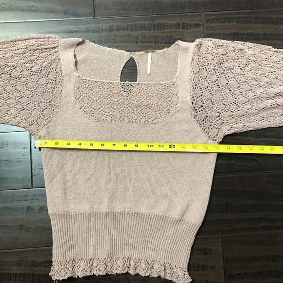 Free People Crochet Sleeve Sweater S Small Pink Mauve Open Knit Fitted Preppy - Picture 8 of 10